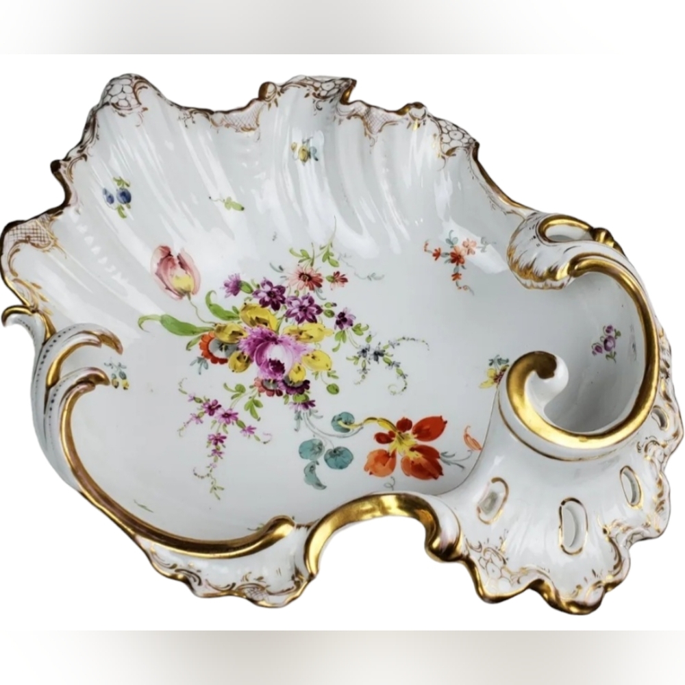DRESDEN SCALLOP SERVING Dish BOWL Floral RICHARD KLEMM HP  Clam Oyster SHELL
